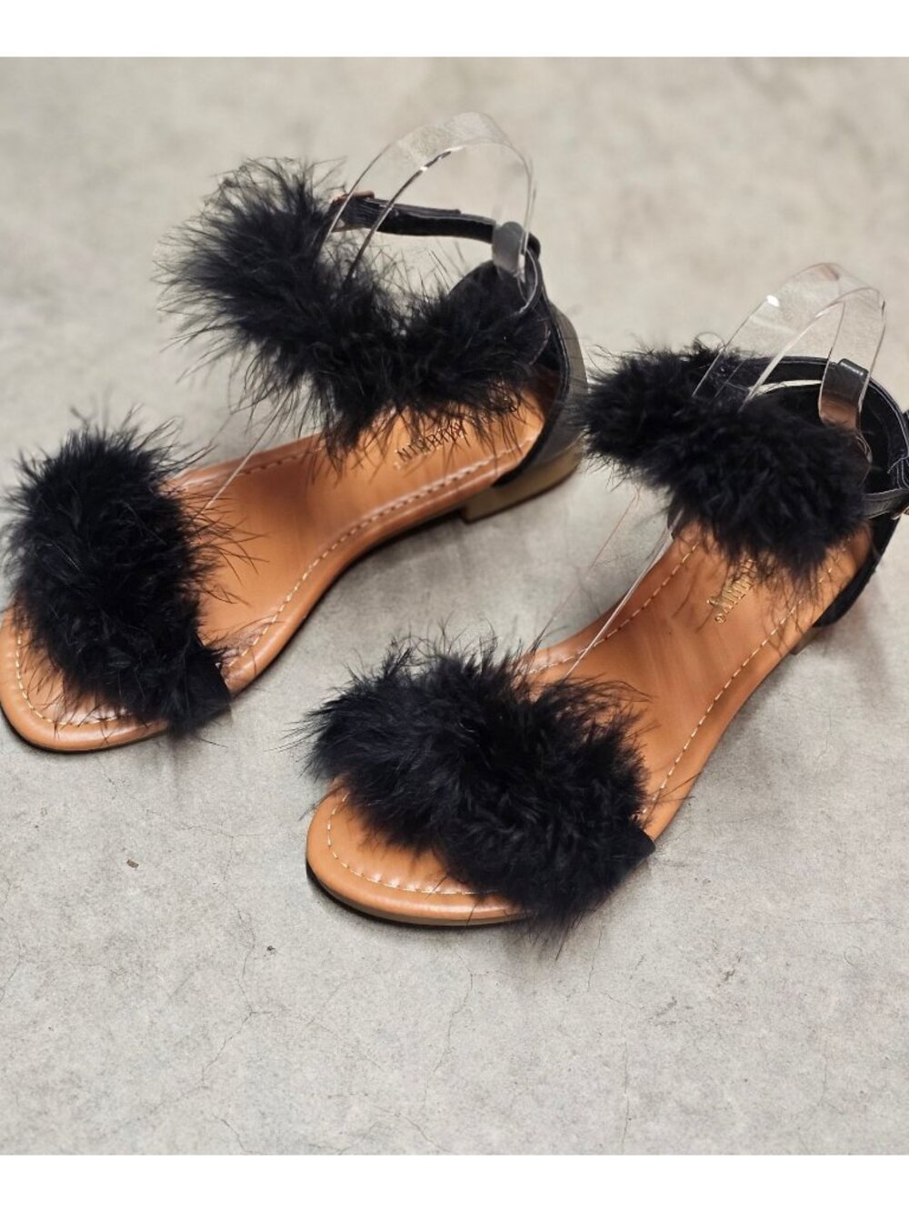 Faux Fur Black Ankle Strap Flat Sandals